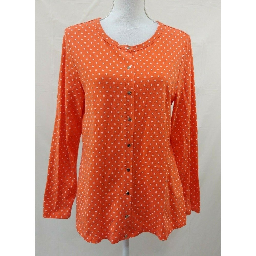 Susan Graver Womens Top Medium Snap Front Orange Polka Dot Cotton Stretch